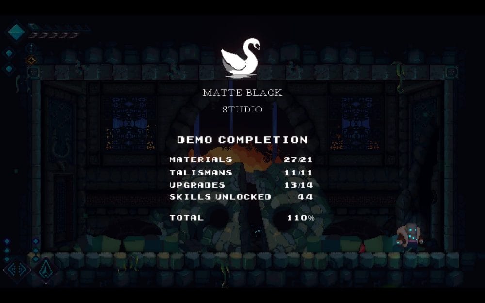 Demo completion screen for Lucid showing all materials, talisman, upgrade and skill counts.