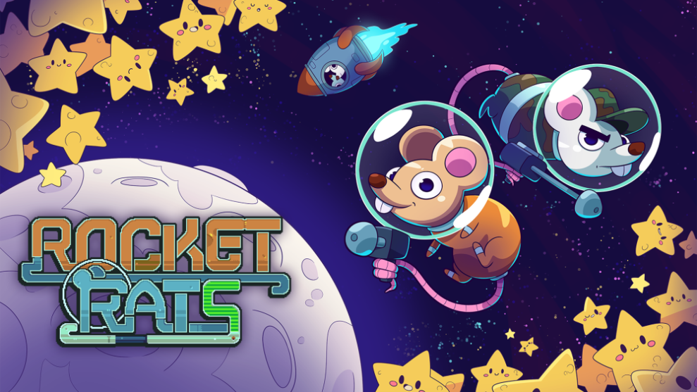Two rats with guns are in space next to the moon with stars surrounding them and a rocket ship in the background.